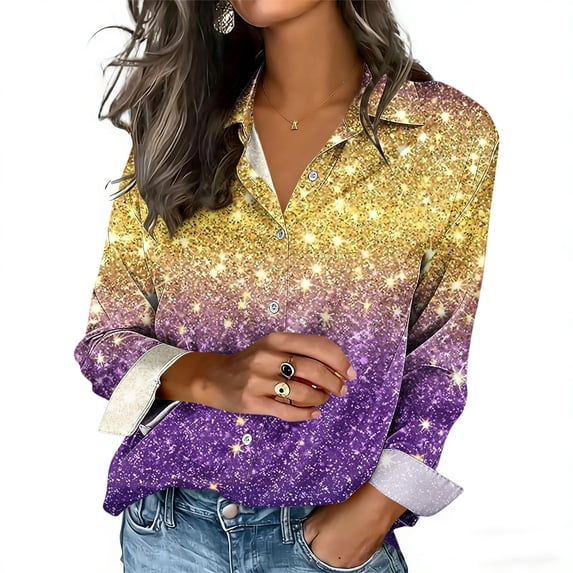 Wowcloth Women's Long Sleeve Satin Blouse, Button-Front with Notched Collar, Carnival Theme for Party and Daily Wear