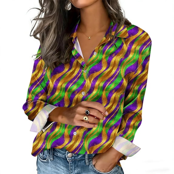 Wowcloth Women's Long Sleeve Satin Shirt, Button Front with Turn-Down Collar for Carnival Party and Daily Wear