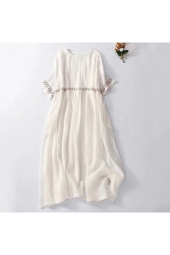 Women's Loose Casual Dress Summer Cotton and Linen Round Neck Ethnic Style Embroidered Dress Artistic Street Style