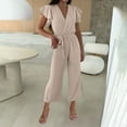 thumbnail image 1 of Wowcloth Women's Loose Fit Summer V-Neck Adjustable Waist Tie Solid Color Jumpsuit Pants, 1 of 5
