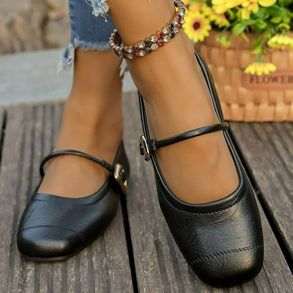 Wowcloth Women's Mary Jane Shoes – Comfortable Square Toe Single Buckle Strap with Solid Color Low-Cut Design and Flat Heel for Casual Fashion Wear