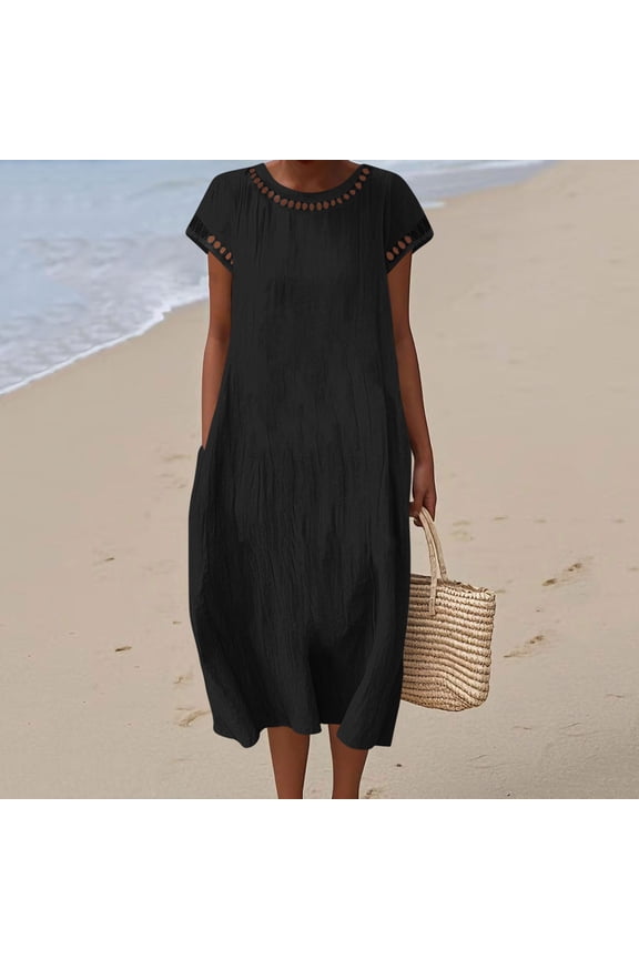 Women's Maxi Dress, Solid Color Short Sleeve with Round Neck and Lace Detail, Cotton-Linen Blend with Pockets for Casual Daily Wear