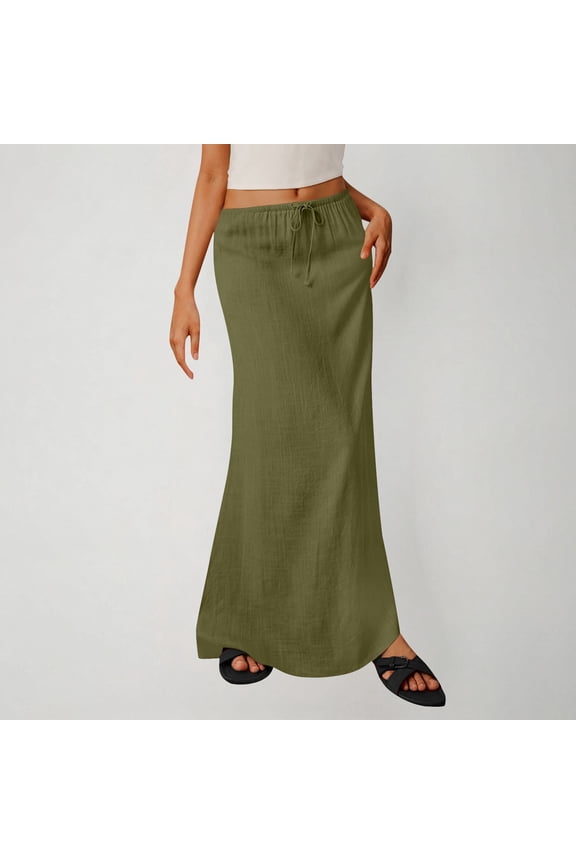 Women's Maxi Skirt with Elastic Waistband, No Pockets, Linen-Like Fabric, Side Slit, Breathable and Comfortable for Daily Casual Wear