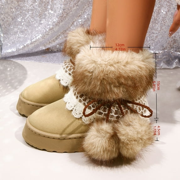 Wowcloth Women's Mid-Calf Platform Snow Boots – Comfortable Round Toe with Fuzzy Ball Decoration & Warm Suede Lining for Casual Winter Footwear