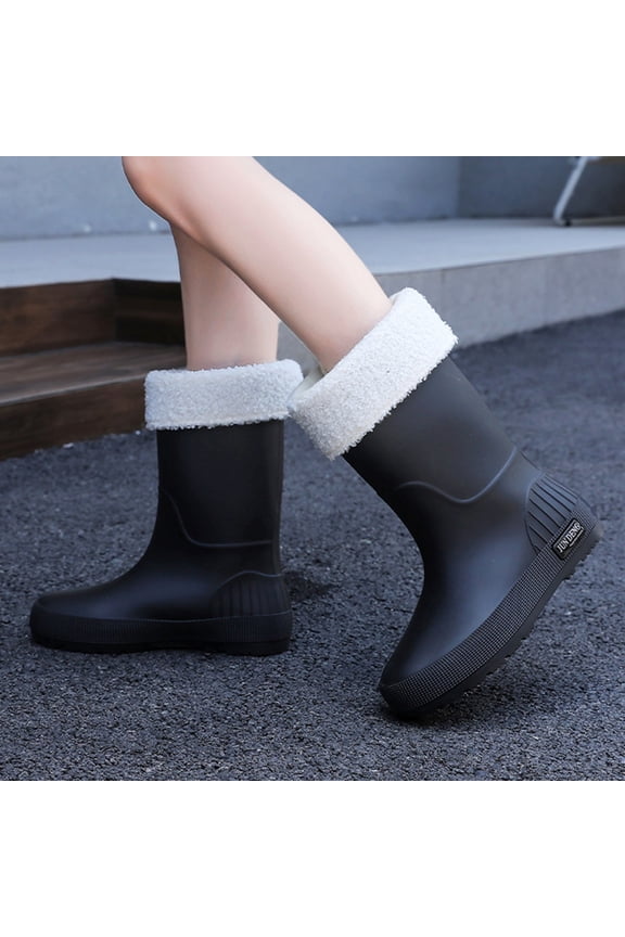 Women's Mid-Calf Rain Boots - Lined Detachable Waterproof Slip-Resistant Outdoor Platform Chunky Heel Comfortable for Fall Winter Footwear