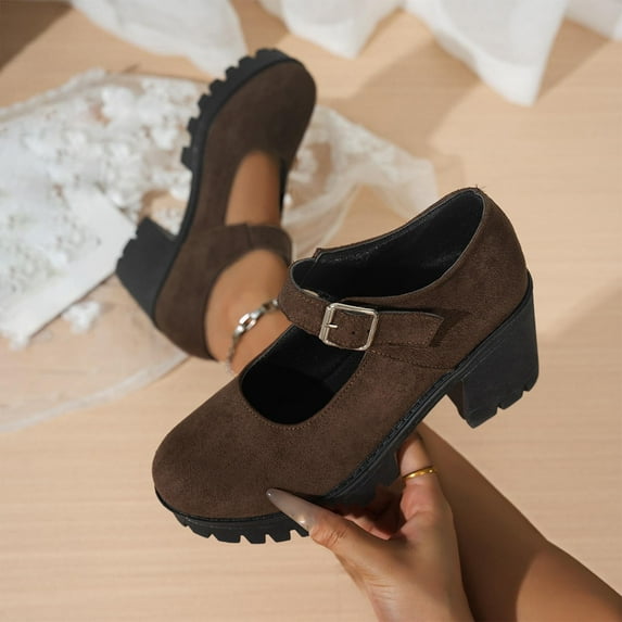 Wowcloth Women's Mid-Heel Loafers - Retro Solid Color Casual Shoes with Round Toe and Chunky Block Heel Platform for Everyday Fashion