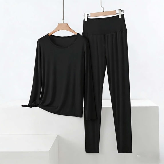 Wowcloth Women's Modal Pajama Set, Round Neck Long Sleeve and Pants, Solid Color, High Waist with Tummy Control for Casual Home Wear in Spring and Fall