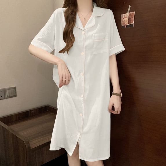 Wowcloth Women's Nightgown, Solid Color with Notched Collar and Button Front, Comfortable for Home and Sleep