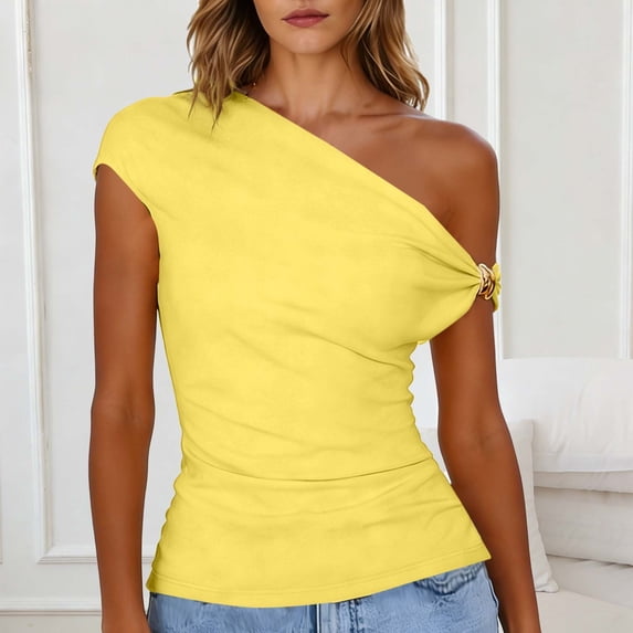 Wowcloth Women's Off-Shoulder Asymmetric T-Shirt with Metal Buttons, Short Sleeve Solid Color Casual Top for Summer Fashion and Daily Wear