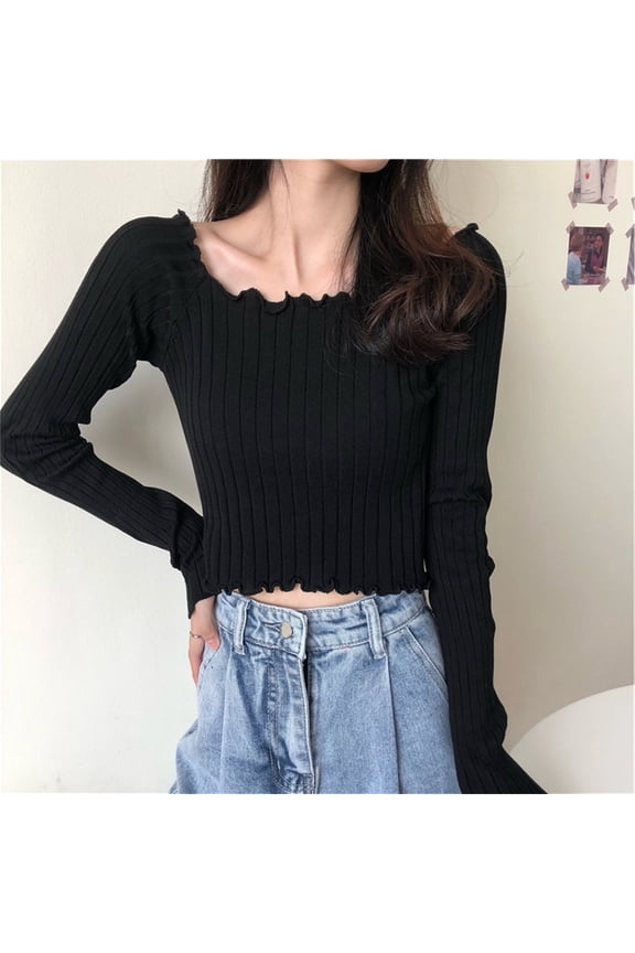 Women's Off-Shoulder Ruffle Top, Slim Fit Cropped, Knit Long Sleeve for Casual Daily Wear
