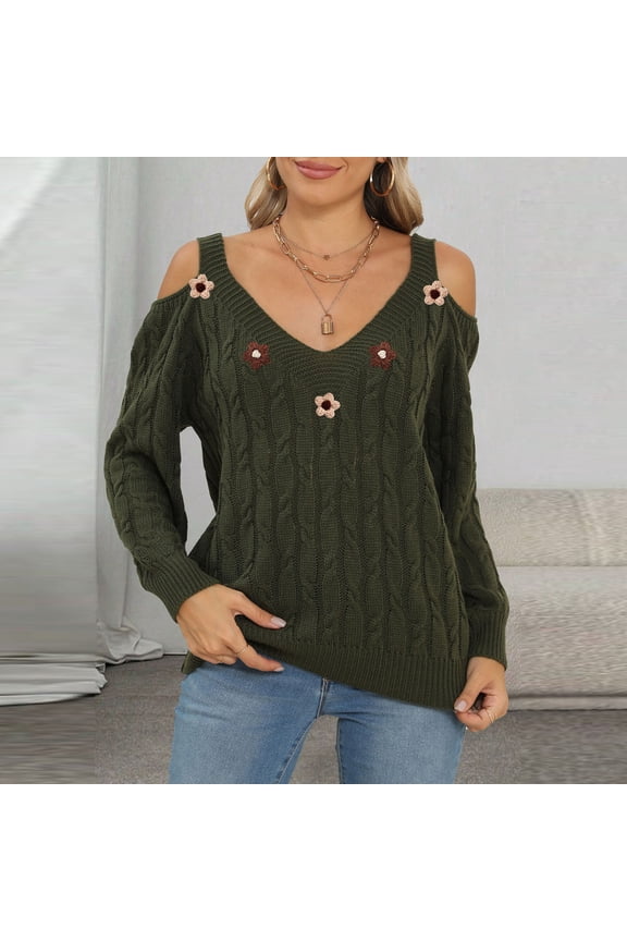 Women's Off-Shoulder Sweater, V-Neck Floral Print Loose Fit Long Sleeve for Casual Wear and Fall Fashion