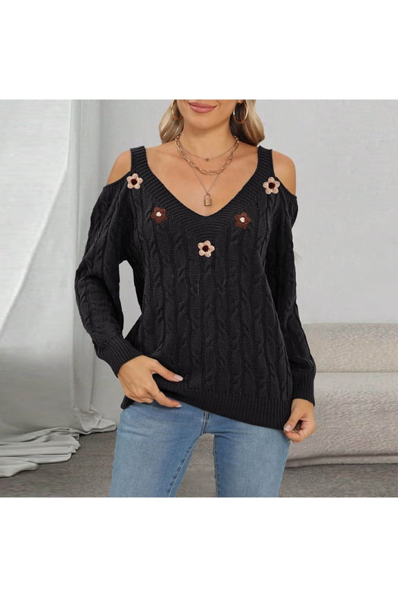 Women's Off-Shoulder Sweater, V-Neck Floral Print Loose Fit Long Sleeve for Casual Wear and Fall Fashion