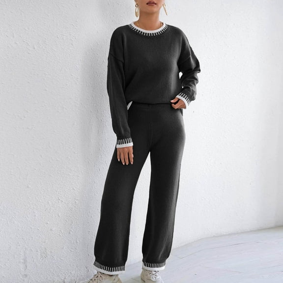 Wowcloth Women's Patchwork Knit Round Neck Long Sleeve Sweater Top and Straight Leg Casual Pants Home Wear Set