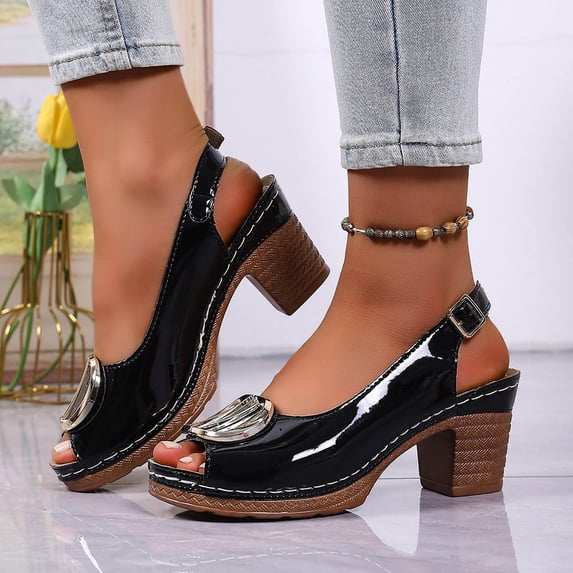 Wowcloth Women's Peep Toe Sandals - Thick Sole Large Size with Shiny Leather and Metal Buckle for Summer Beach Casual Fashion