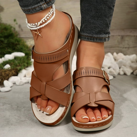 Wowcloth Women's Peep-Toe Wedge Sandals – Comfortable Thick Sole & Solid Color Design, Casual Summer Slides for Fashionable Leisure Wear