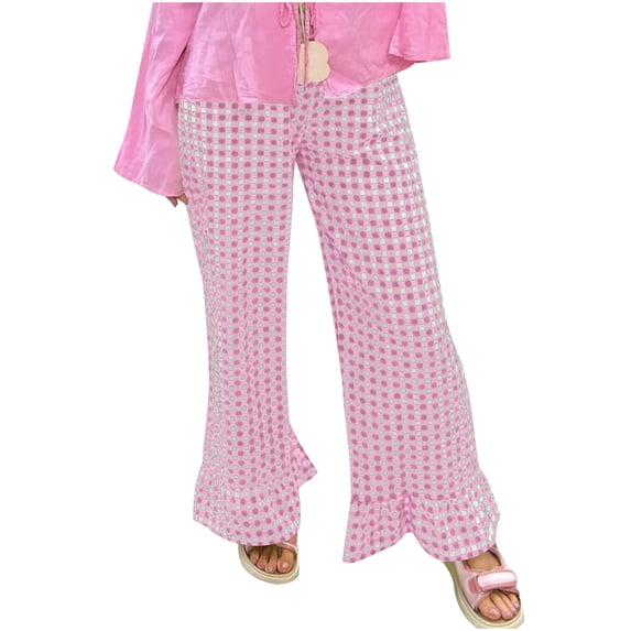Wowcloth Women's Plaid Flare Pants - High Waist Elastic Casual Trousers