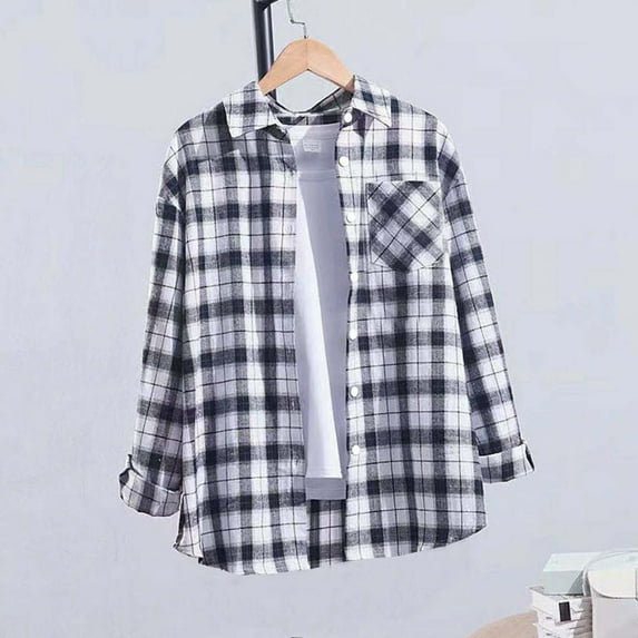 Wowcloth Women's Plaid Long Sleeve Casual Coat - Button-Down Collar, No Hood for Everyday Wear & Versatile Style