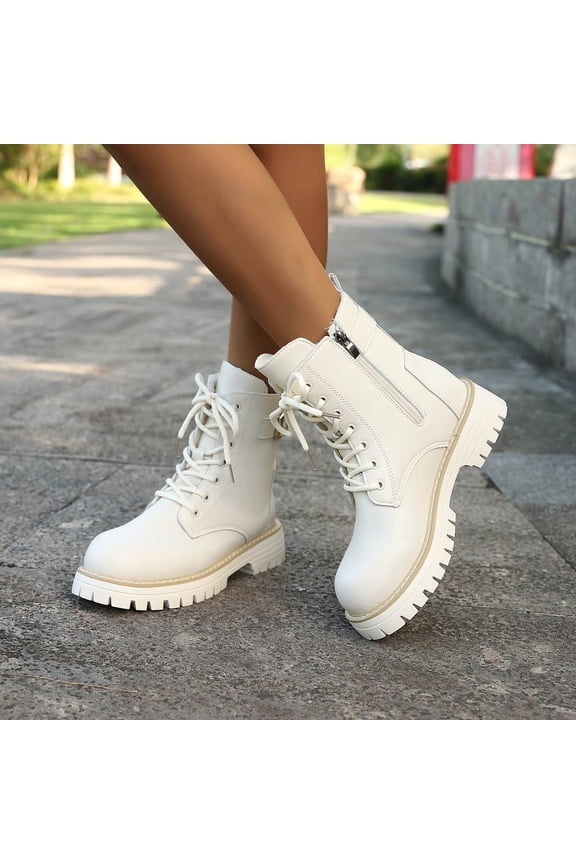 Women's Platform Boots – Thick Sole Lace-Up Ankle Booties with Zipper & Metal Decorations, Wide Width Comfort Lift Low Heel Shoes for Fall/Winter