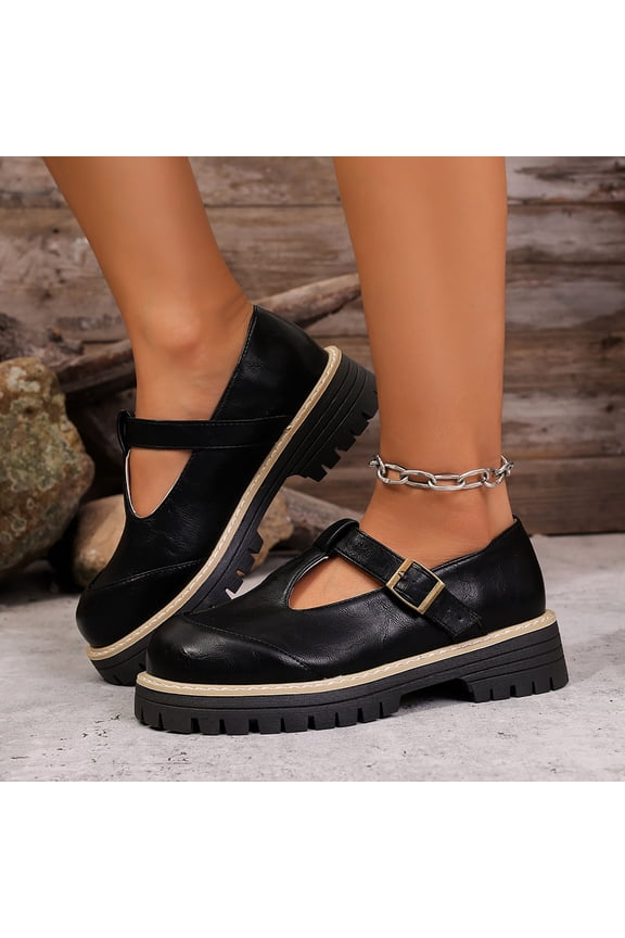 Women's Platform Leather Shoes with Round Toe and Buckle Detail – British Inspired Versatile Fashion for Plus Size Spring and Autumn Wear