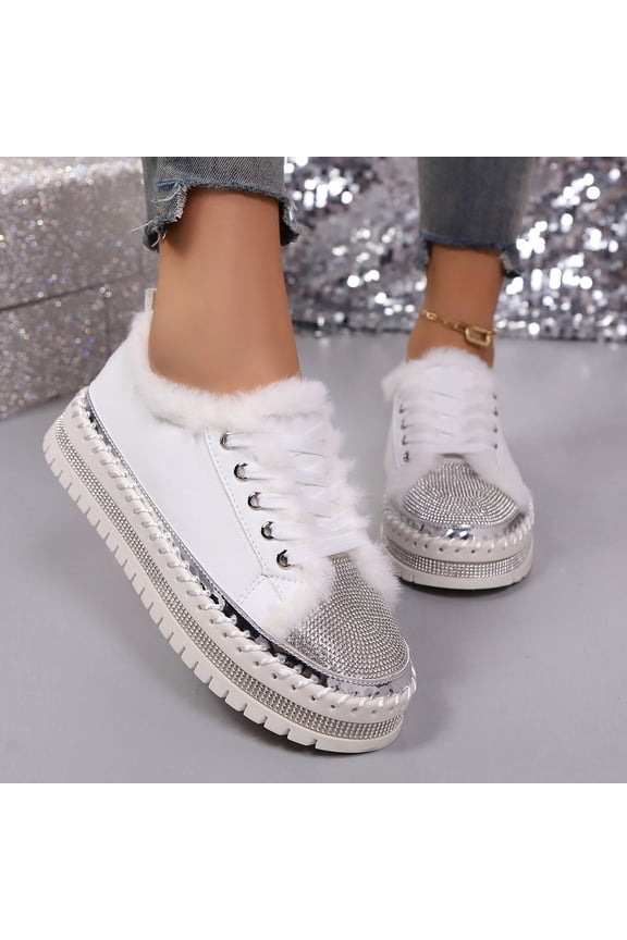 Women's Platform Sneakers with Rhinestone Details and Plush Patchwork  Fleece-Lined Lace-Up Shoes for Autumn Winter Warmth and Fashion