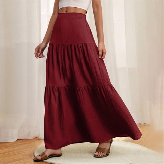 Wowcloth Women's Pleated Skirt with Elastic Waist, Solid Color, Ankle-Length for Casual and Daily Wear