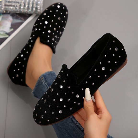 Wowcloth Women's Plus Size Breathable Casual Flats – Comfortable Round Toe Design with Rhinestone Accents and Soft Sole for Everyday Wear