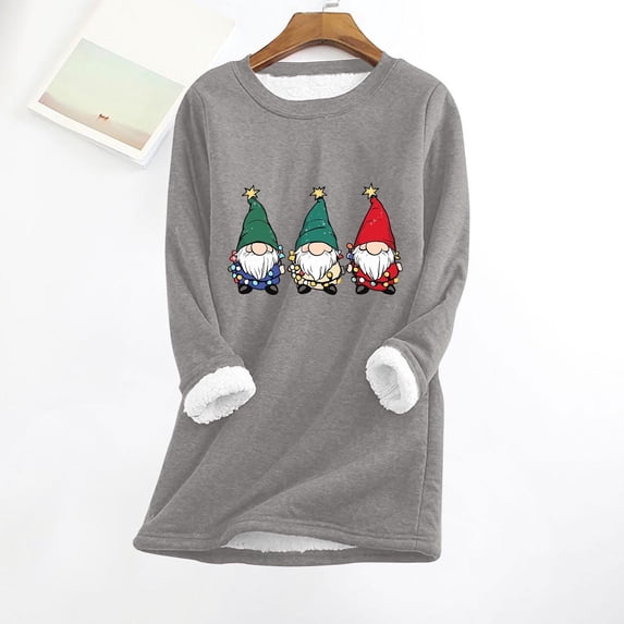 Wowcloth Women's Plus Size Christmas Print Fleece-Lined Top, Long Sleeve Round Neck Warm Shirt for Winter Daily Casual Wear