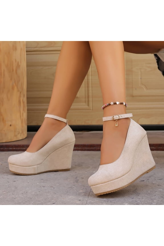 Women's Plus Size Fashion Pumps – Wedge Heel with Platform, Round Toe and Single Buckle Design for Casual and Office Wear