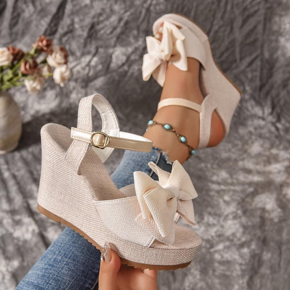 Wowcloth Women's Plus Size Wedge Heel Sandals – Comfortable Open Toe One-Strap Buckle with Bow Decoration & Thick Sole for Beach and Casual Wear