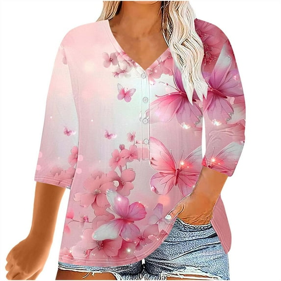Wowcloth Women's Plus - size Printed V - neck 3/4 Sleeve Casual Loose Fixed Button T - shirt