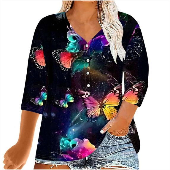 Wowcloth Women's Plus - size Printed V - neck 3/4 Sleeve Casual Loose Fixed Button T - shirt