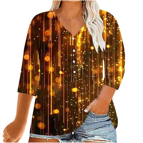 Wowcloth Women's Plus - size Printed V - neck 3/4 Sleeve Casual Loose Fixed Button T - shirt