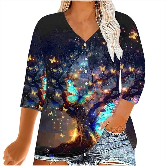 Wowcloth Women's Plus - size Printed V - neck 3/4 Sleeve Casual Loose Fixed Button T - shirt