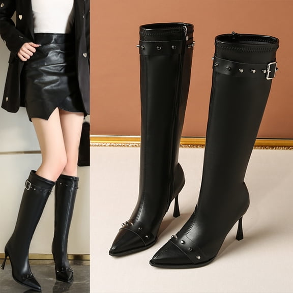 Wowcloth Women's Pointed Toe Knee-High Boots – Fashionable Metal Buckle with Stiletto Heel, Available in Large Sizes for Casual Autumn Winter Wear