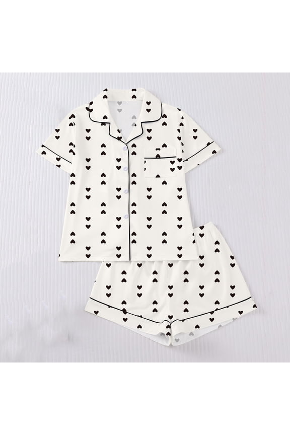 Women's Printed Button-Front Cardigan Pajama Set with Lapel Collar, Short Sleeve and Shorts, Milk Silk Fabric for Sleep and Loungewear