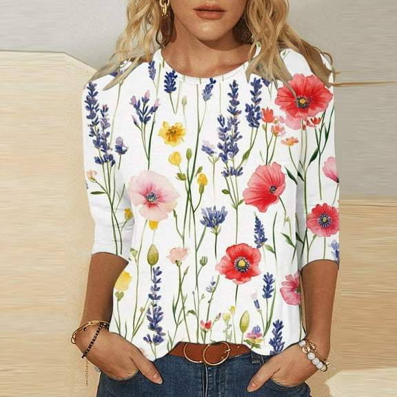 Wowcloth Women's Printed Crew - Neck 3/4 Sleeve Loose T - shirt