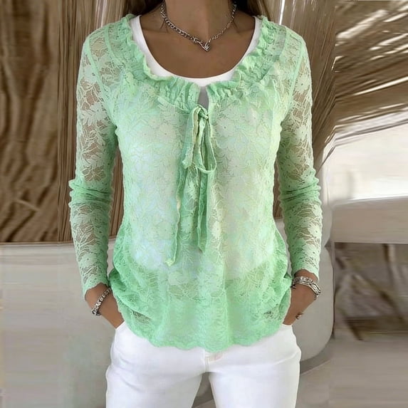 Wowcloth Women's Pullover Sweater, Long Sleeve Round Neck Solid Color with Lace and Bow Detail, Casual Comfortable for Everyday Wear