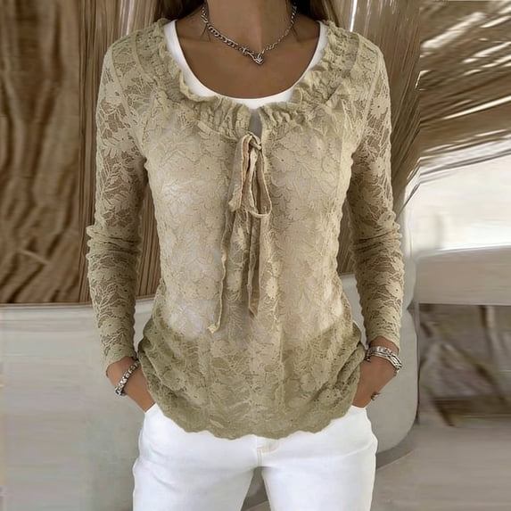 Wowcloth Women's Pullover Sweater, Long Sleeve Round Neck Solid Color with Lace and Bow Detail, Casual Comfortable for Everyday Wear