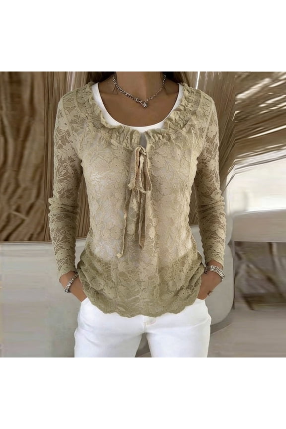 Women's Pullover Sweater, Long Sleeve Round Neck Solid Color with Lace and Bow Detail, Casual Comfortable for Everyday Wear