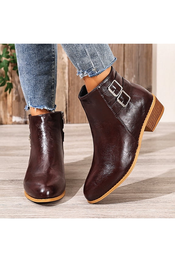 Women's Retro Buckle Decor Ankle Boots – Comfortable Chunky Heel with Side Zipper Closure & Versatile Styling for Autumn/Winter Footwear