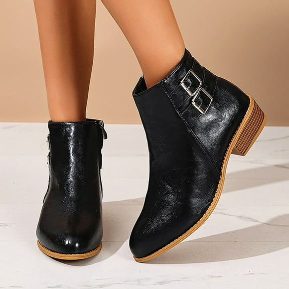 Wowcloth Women's Retro Buckle Decor Ankle Boots – Comfortable Chunky Heel with Side Zipper Closure & Versatile Styling for Autumn/Winter Footwear