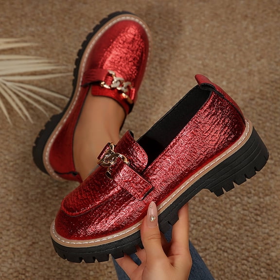 Wowcloth Women's Retro Casual Loafers – Round Toe and Square Heel with Metal Buckle and Platform Mid Heel for Daily Comfort