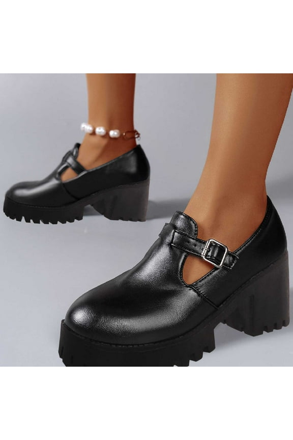 Women's Round Toe Shoes – New One-Buckle British Style Slip-On with Chunky Heel for Casual Everyday Footwear