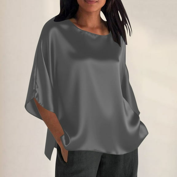 Wowcloth Women's Satin Solid Color Batwing Sleeve Three-Quarter Sleeve Top