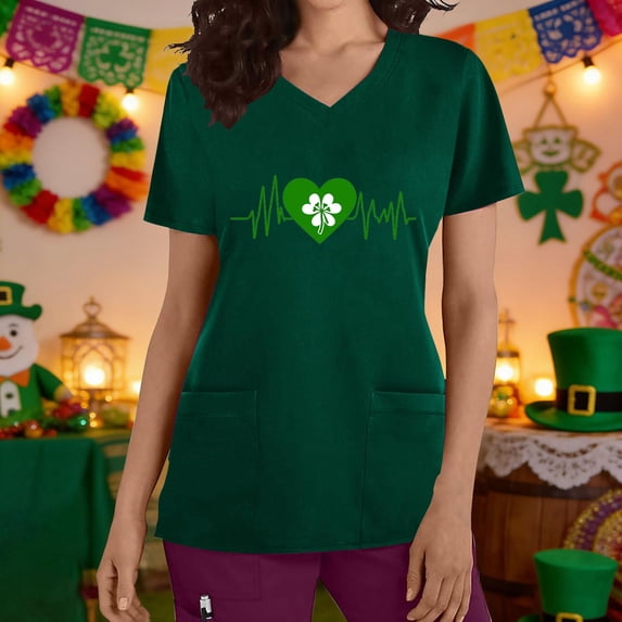 Wowcloth Women's Scrub Top, Loose Fit Short Sleeve V-Neck with St. Patrick's Day Print Pockets, Casual Comfort for Work and Holiday Celebration