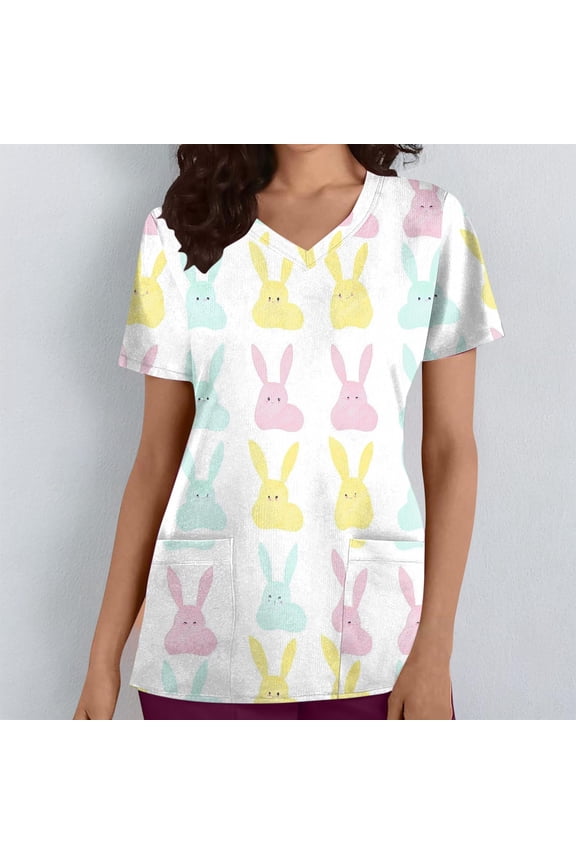 Women's Scrub Top, Loose Fit with Pockets, Short Sleeve V-Neck Easter Print for Work and Daily Use