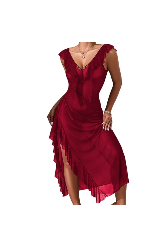 Women's Sheer Nightdress, Solid Color with Spaghetti Straps, Asymmetrical High Slit, Semi-Transparent Mesh for Loungewear, for Bedroom and Romantic Occasions