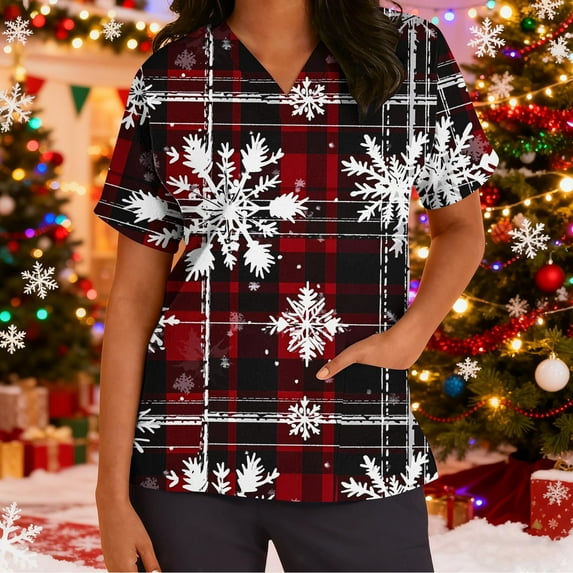 Wowcloth Women's Short Sleeve V-Neck Scrub Top with Christmas Print Pocket for Healthcare Work and Casual Wear