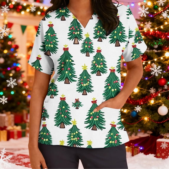 Wowcloth Women's Short Sleeve V-Neck Scrubs Top with Christmas Print Pocket for Nursing and Holiday Work