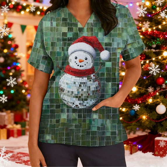 Wowcloth Women's Short Sleeve V-Neck Top, Christmas Print Pocket, Work Uniform for Healthcare and Daily Wear